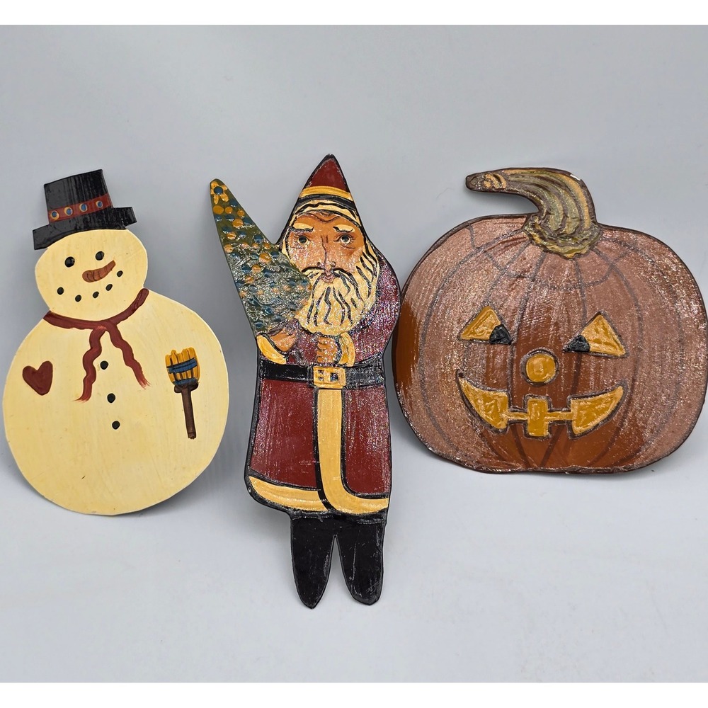 Vintage 2001 Hand Painted Metal Napkin Rings Santa Snowman Pumpkin Set 3 Folk